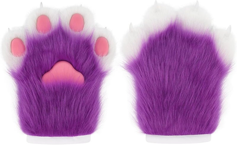 hbbhml Faux Fur Plush Furry Cat Claw Gloves Fursuit Animal Fox Paws Mittens Halloween Cosplay Costume Accessories for Adult - Image 1
